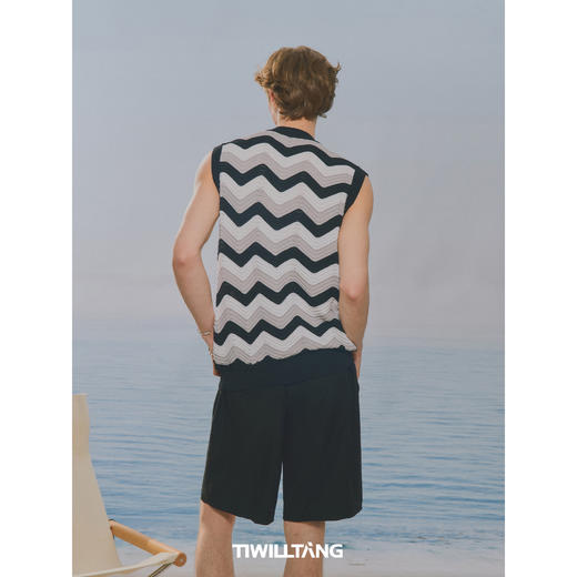 启世录TIWILLTANG“鼓屿浪影”鼓波针织毛衫背心撞色拉链无袖上衣 商品图3