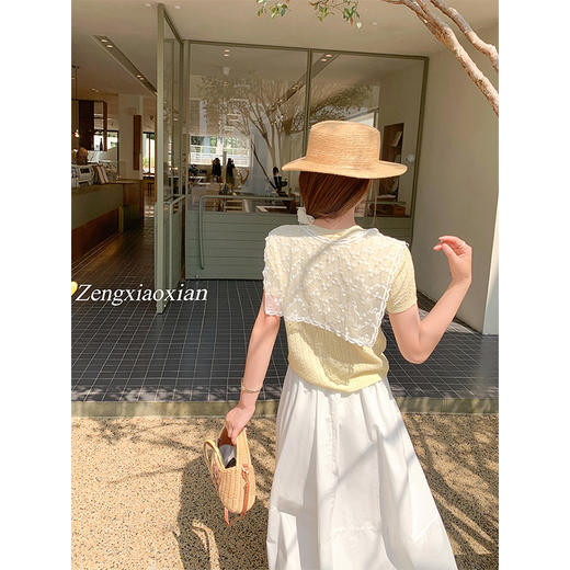 <曾小咸推荐>蕾丝披肩黄色短袖针织T恤 商品图4