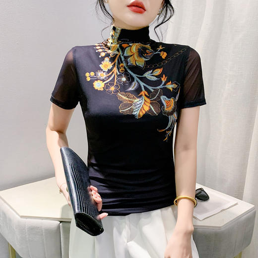 洋气半高领印花短袖网纱设计感上衣K-A55F8639 商品图3