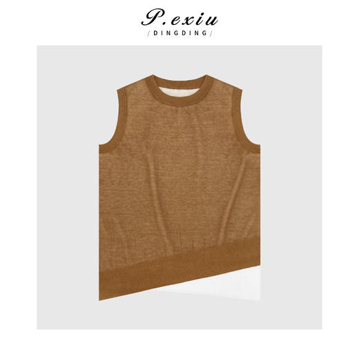 A007潘依绣丁丁宠粉【浓郁咖啡】亚-麻-下摆斜角无袖圆领假两件针织马甲背心ZZ0850 商品图1