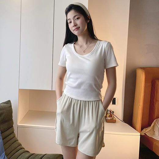 【凉感天丝】官网259/299！莱赛尔天丝精梳棉短袖短裤U领带胸垫短款T恤休闲宽松睡衣裤家居服 商品图5