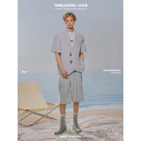 启世录TIWILLTANG"秩翼宇寰“工字褶斜向复片拼接短袖西装外套男