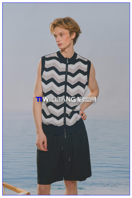 启世录TIWILLTANG“鼓屿浪影”鼓波针织毛衫背心撞色拉链无袖上衣 商品图5
