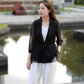 洛诗琳41544春季新款设计感网纱拼接袖短款醋酸外套女2102