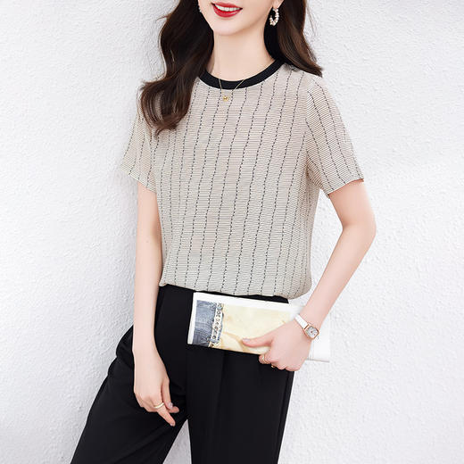 KQ-90621大码衣服真丝条纹印花休闲半袖T恤女宽松桑蚕丝上衣短袖t恤女装夏 商品图1
