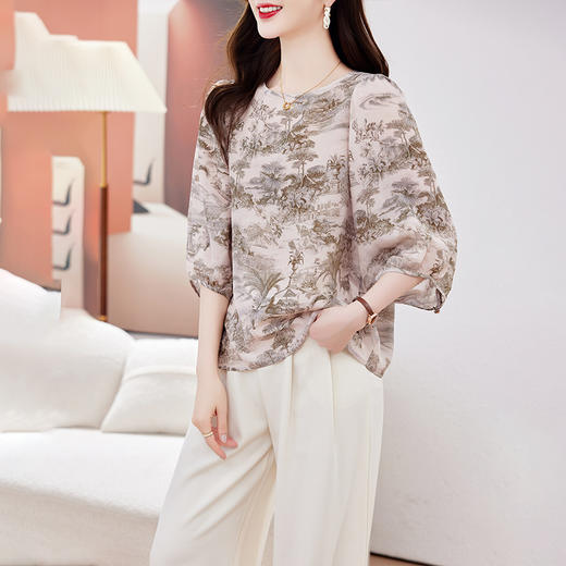 KQ-A21823透气双绉真丝上衣女七分袖夏桑蚕丝T恤衫气质圆领小衫 商品图1