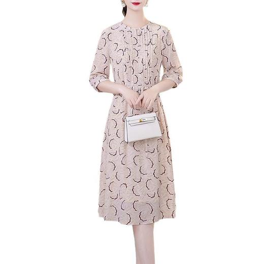 KQ-TP09056双绉真丝连衣裙2025新夏季中袖印花收腰系带碎花桑蚕丝中长款裙子 商品图4