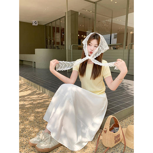 <曾小咸推荐>蕾丝披肩黄色短袖针织T恤 商品图1