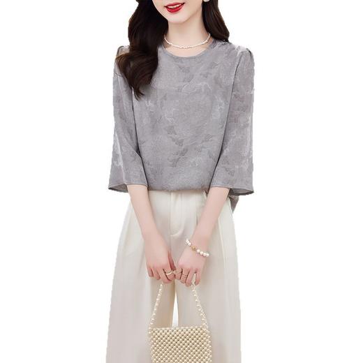 KQ-A21812春夏季新中式国风女士真丝缎面提花衬衣七分袖套头桑蚕丝T恤小衫 商品图4
