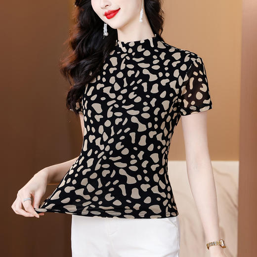 印花网纱t恤短袖修身显瘦小衫K-B12N2699 商品图1