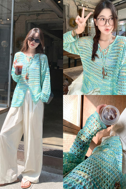 <曾小咸推荐>慵懒风绿色镂空系带圆领长袖针织罩衫 券后79.19！ 休闲裤特价69.99！！【预售7-15天发货】【预售3-15天发货】 商品图5