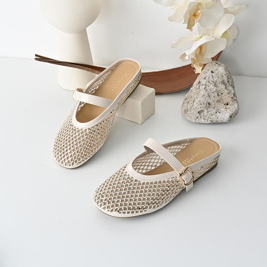 经典鲨2025年夏季款百搭圆头一字扣舒适平底室内外渔网半托鞋女KW163-529051 商品图3