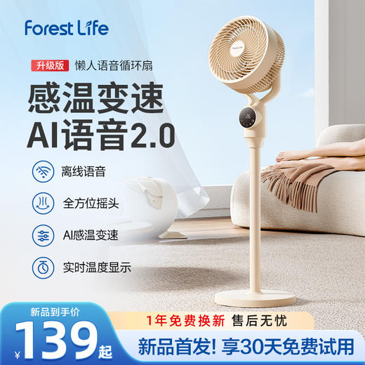 💨【懒人语音循环风扇】❄️感温变速，离线语音智能调风速，全方位摇头、实时温度显示，抵挡静音不扰觉❤️，台立两用， 商品图0