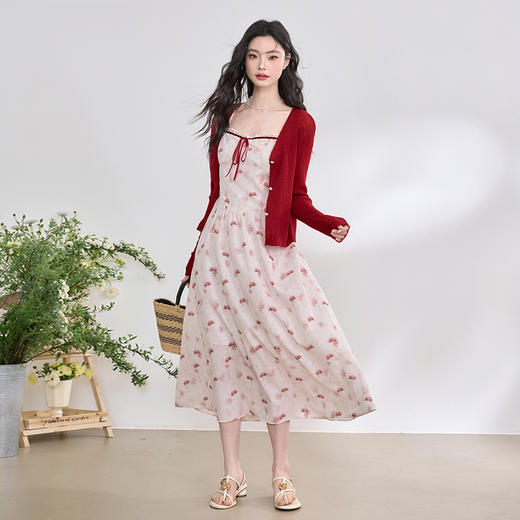 西遇粉色碎花吊带裙套装女夏季新款法式薄款针织开衫两件套D0050470 商品图1