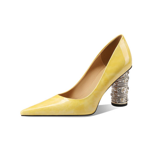 【预售7天】漆皮尖头水钻高跟鞋女春季新款百搭小众粗跟性感浅口气质单鞋CX&CX081-1A 商品图4