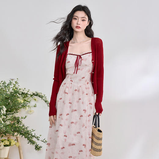 西遇粉色碎花吊带裙套装女夏季新款法式薄款针织开衫两件套D0050470 商品图4