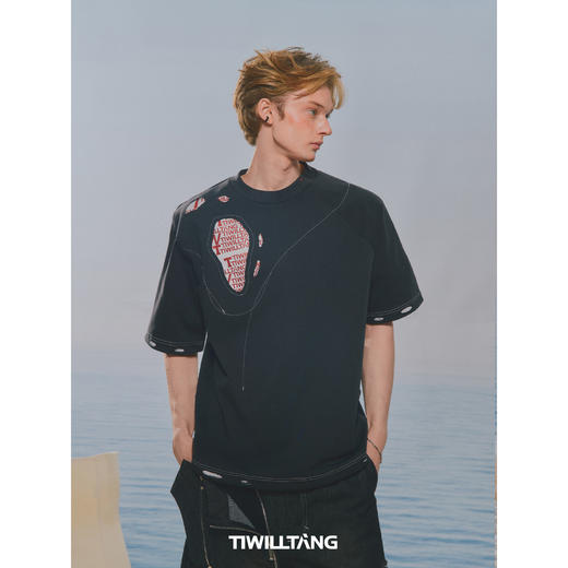 启世录TIWILLTANG“碎荧灼珲”破洞拼接短袖夏季纯棉圆领T恤上衣 商品图2