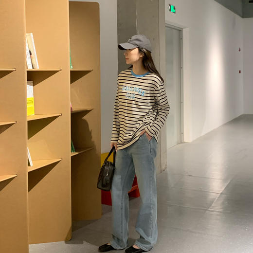洛诗琳41749春季新款经典百搭简约风条纹长袖纯棉T恤女3128 商品图3