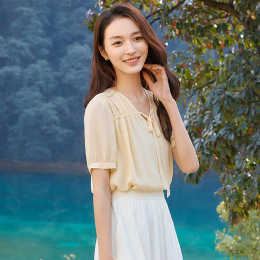 玳莎双层真丝乔其上衣女2025夏季新款宽松轻薄领口飘带设计感小衫  FB31102 商品图1