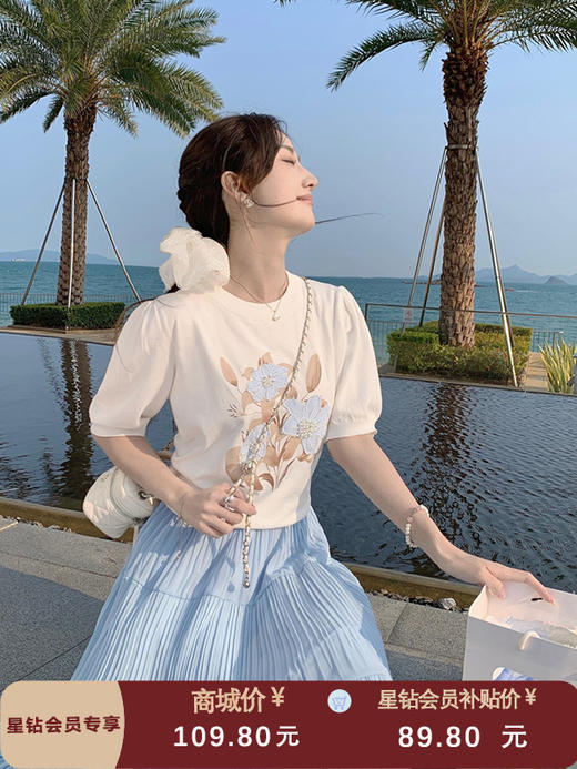 张心子【夏日密语】通勤风珍珠印花显瘦短袖T恤上衣 U2504034 商品图0