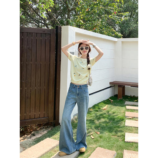 <曾小咸推荐>韩系黄色重工刺绣针织短袖T恤 商品图3