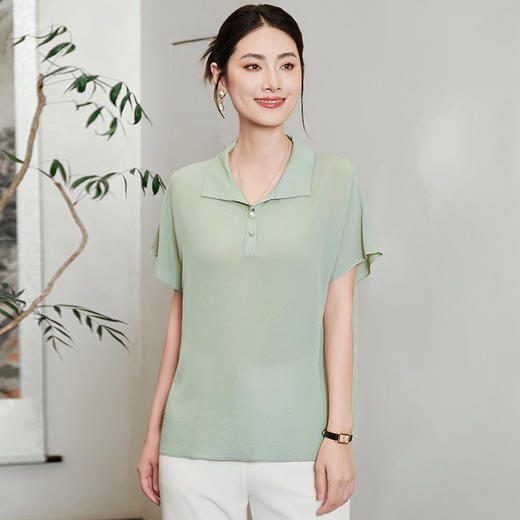 KQ-54832真丝短袖女装t恤夏季2025小个子港风短款polo上衣.桑蚕丝衬衫时尚 商品图0