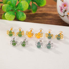 S925纯银镀金蓝水翡翠和田玉碧玉，蜜蜡蝴蝶结葫芦小巧银耳钉CW-ED03875