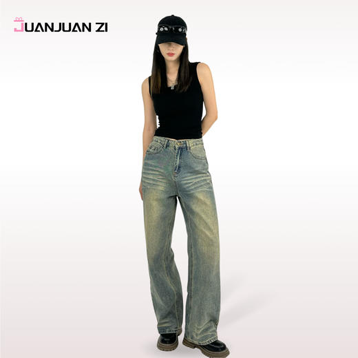 卷卷紫美式复古宽松显瘦直筒裤 超有设计感的折痕 上身松弛干练不显拖沓 不挑腿型 轻松打造酷酷的慵懒感 百搭时尚 商品图1