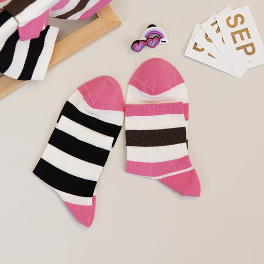 【6双6折】女士春夏时尚薄袜条纹棉袜中筒袜子女袜【2双装 2512205】 商品图1