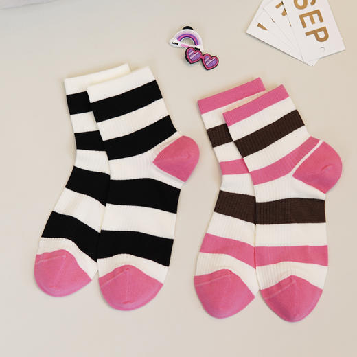 【6双6折】女士春夏时尚薄袜条纹棉袜中筒袜子女袜【2双装 2512205】 商品图0