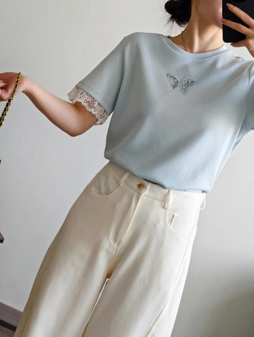 重工质感空气层万针蝴蝶镂空蕾丝袖T恤 商品图0