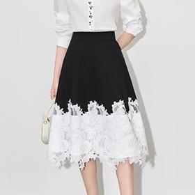 【高货wl】全新升级【铂金会员247/天猫329/差价82】(91825) 洛诗琳典雅设计感轻熟撞色拼接蕾丝高腰女夏新款半身裙