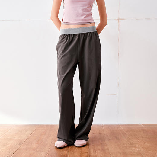 NUTH撞色腰头宽松直筒尼龙休闲裤女 灰色/黑拼灰色 商品图0
