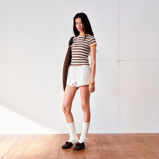 NUTH复古条纹撞色圆领插肩袖修身短袖T恤女 商品图1