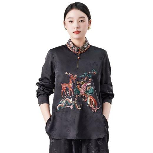 XM-275新中式国风打底衫立领重工刺绣提花小衫2025新款妈妈装t恤衫上衣 商品图4