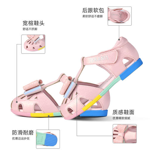 泰兰尼斯夏季新款女童鞋子蝴蝶结公主镂空包头凉鞋软底透气儿童鞋 商品图2