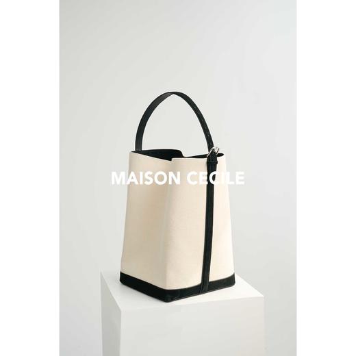 MAISON CECILE帆布拼真皮撞色通勤大容量手提腋下水桶托特包 商品图4