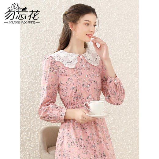 勿忘花粉色纯棉碎花减龄娃娃领连衣裙女2025春装新款收腰显瘦裙子 商品图3