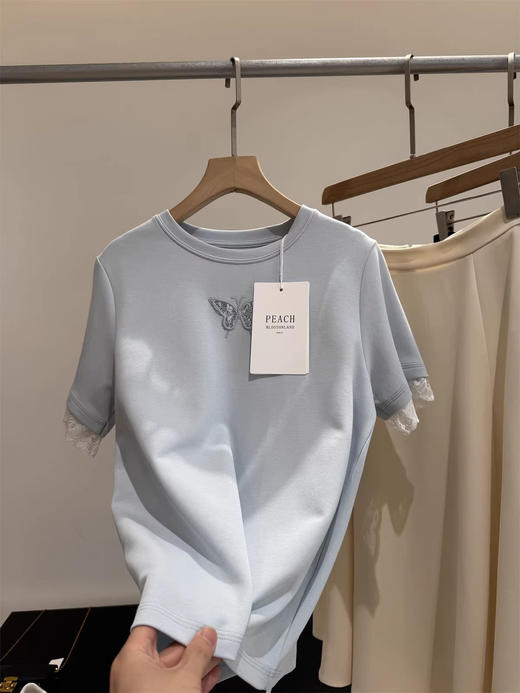 重工质感空气层万针蝴蝶镂空蕾丝袖T恤 商品图1