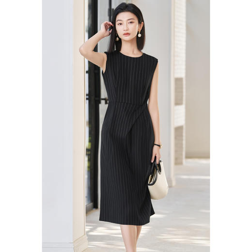 米思阳2026夏季新款知性通勤条纹黑色连衣裙修身显瘦包臀裙女1723/1258 商品图3