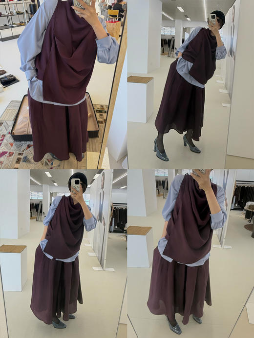 HIDEMI 极简设计感堆叠荡漾领缎面再生纤维飘逸感定染勃艮第红套装 上衣/阔腿裙裤 商品图1