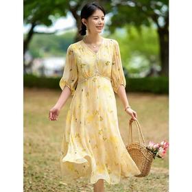 【自】全新升级【铂金会员661/天猫899/差价238】(94819) 洛诗琳2025夏季新款重工收腰优雅高端桑蚕丝连衣裙女