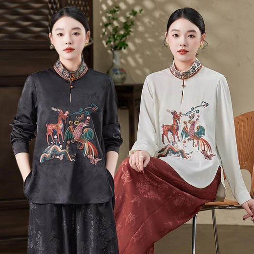 XM-275新中式国风打底衫立领重工刺绣提花小衫2025新款妈妈装t恤衫上衣 商品图1