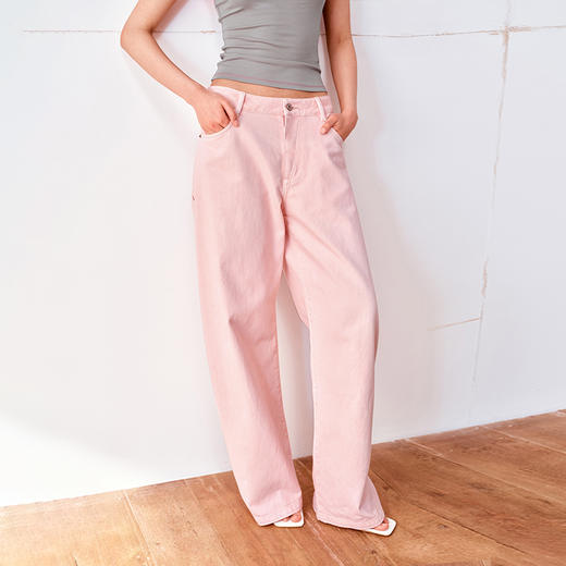 NUTH藕粉色水洗做旧复古工装休闲裤牛仔裤女 商品图4