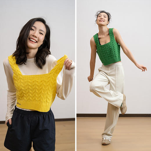 L RECNAVA 减龄麻花针织背心 方领羊毛马甲 宽肩带防溜肩 多巴胺时尚搭配单品 商品图0