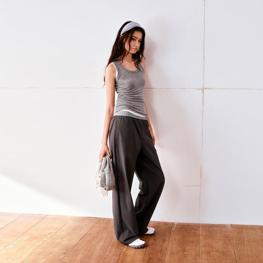 NUTH撞色腰头宽松直筒尼龙休闲裤女 灰色/黑拼灰色 商品图4