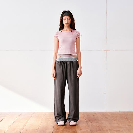 NUTH撞色腰头宽松直筒尼龙休闲裤女 灰色/黑拼灰色 商品图3