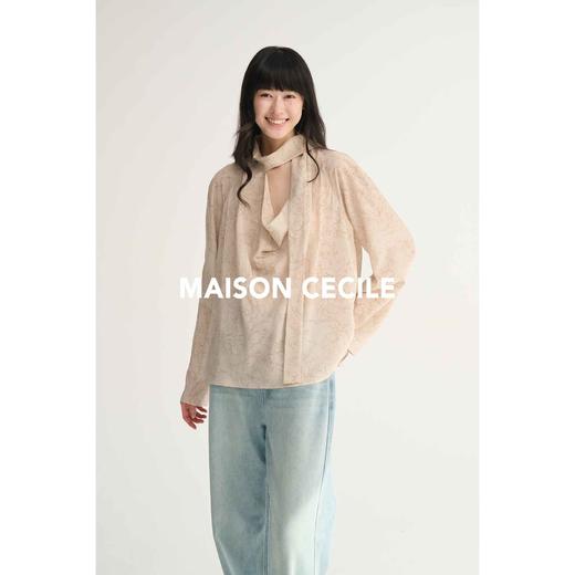 MAISON CECILE设计师印花桑蚕丝定染线条花朵优雅荡感飘带衬衫 商品图2