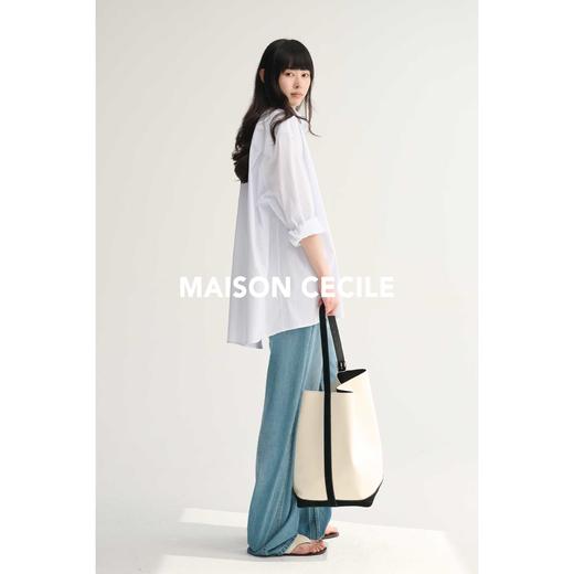 MAISON CECILE帆布拼真皮撞色通勤大容量手提腋下水桶托特包 商品图1