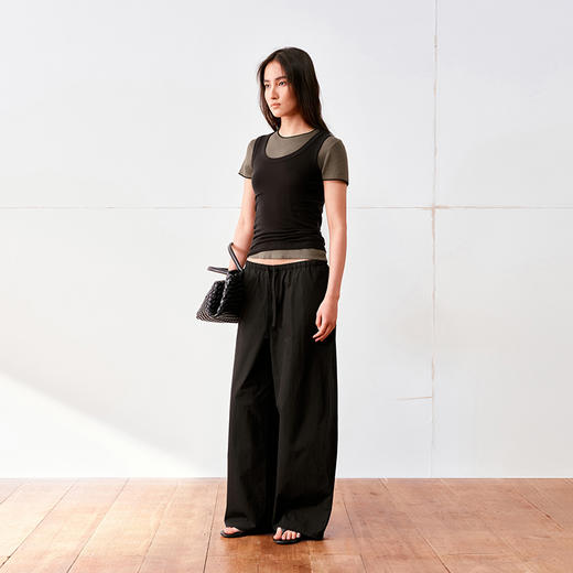 NUTH高密纯棉透气宽松阔腿休闲裤女 黑色/白色 商品图3